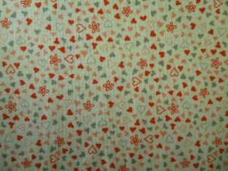 Stoff naturweiß mit Herzen rot und grau