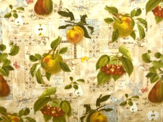 Stoff mit Äpfeln, Birnen, Kirschen