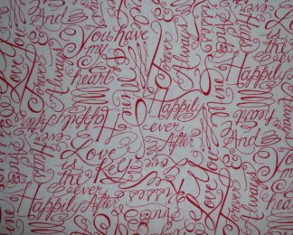 Stoff weiß mit roter Schrift englisch