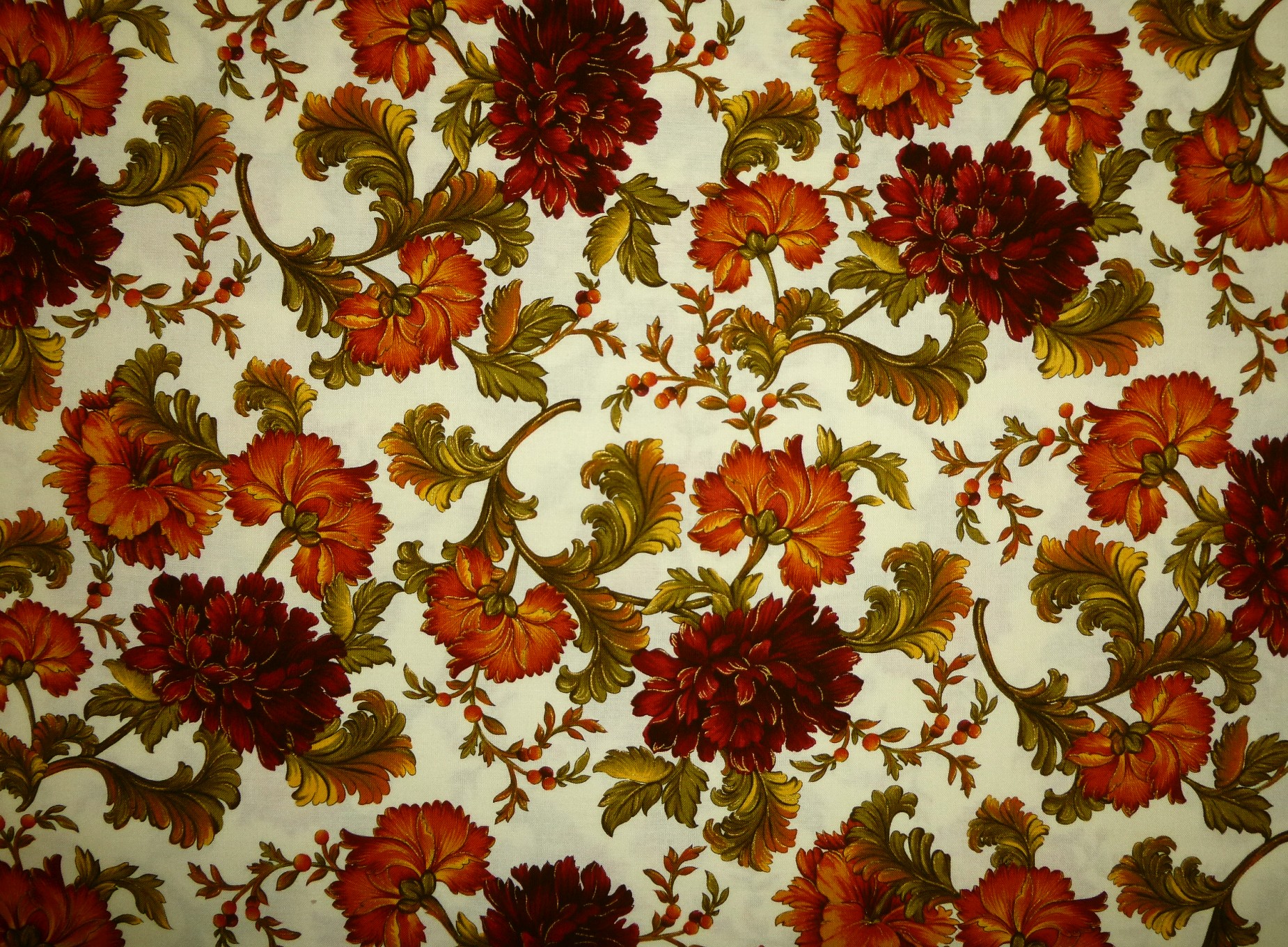 Stoff Blumen orange-rot-oliv auf natur