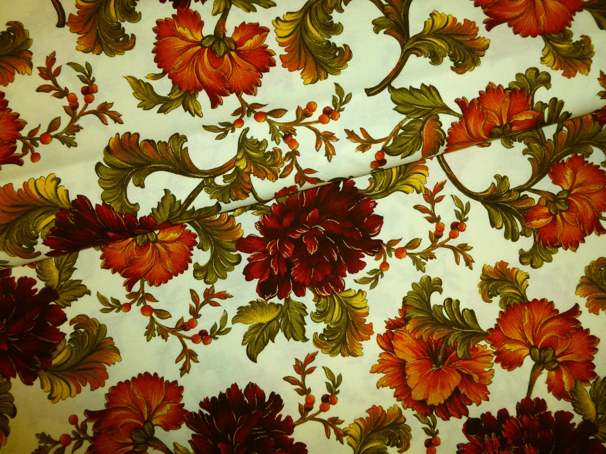 Stoff Blumen orange-rot-oliv auf natur – Bild 3