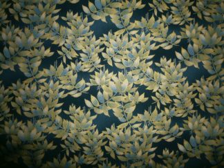 Stoff blau-gold mit Blattrispen