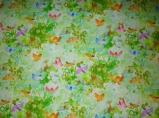 Stoff mit Vögeln auf grünbuntem Aquarell von Moda